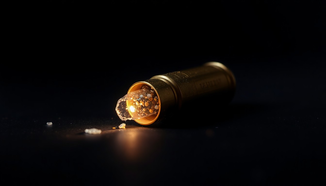 An extreme close-up photograph of a bullet casing or shell fragment on a dark surface, lit by a harsh, direct camera flash, conceptually representing the evidence of a targeted attack on an elected official's home.