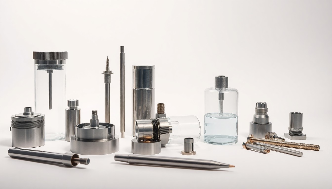 A high-end, photorealistic studio still-life photograph featuring a collection of precision engineering tools and components in polished metal and glass, arranged elegantly on a clean, monochromatic background, representing the attention to detail and quality control in sustainable energy manufacturing.