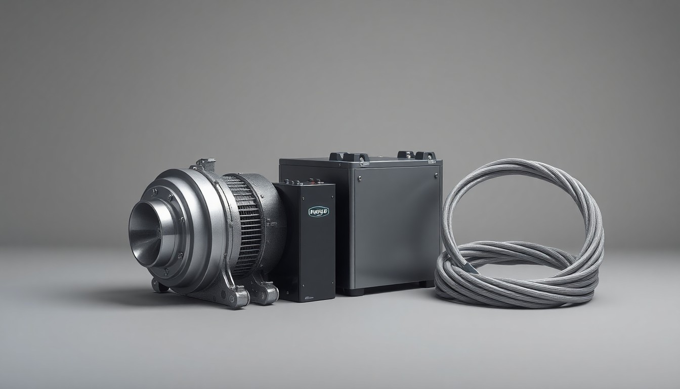 A minimalist studio still life photograph featuring polished metal, battery, and electrical cable components arranged elegantly on a matte grey background, conceptually representing the infrastructure challenges facing Alaska's utility grid.