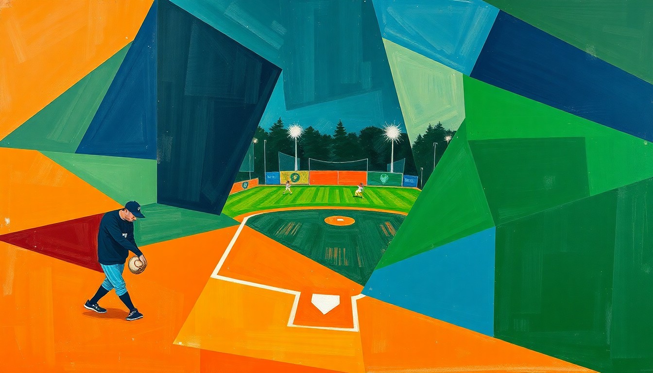 A fragmented, geometric painting in navy, green, and orange hues, depicting the dynamic action of a softball game from multiple angles.