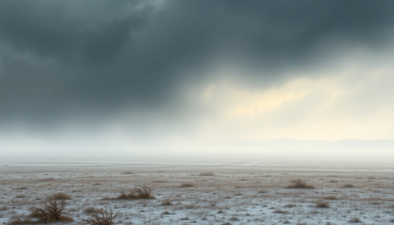 A vast, frozen landscape painting in muted tones of gray, blue, and white, conveying the overwhelming power and melancholy of an impending freeze.