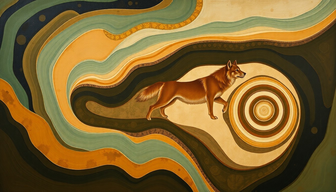 A highly textured, abstract painting in earthy tones of green, brown, and ochre, featuring sweeping geometric shapes, concentric circles, and precise botanical spirals, conceptually representing the wolf's journey through the rugged terrain of the Eastern Sierra region.