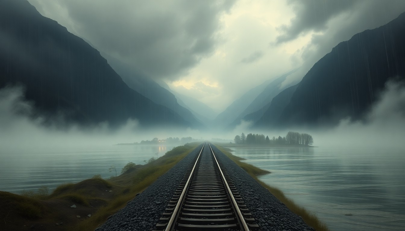 A sweeping, atmospheric landscape painting in muted blues and grays, with a distant train track partially obscured by heavy fog and rain, conveying the scale and power of the natural disaster.