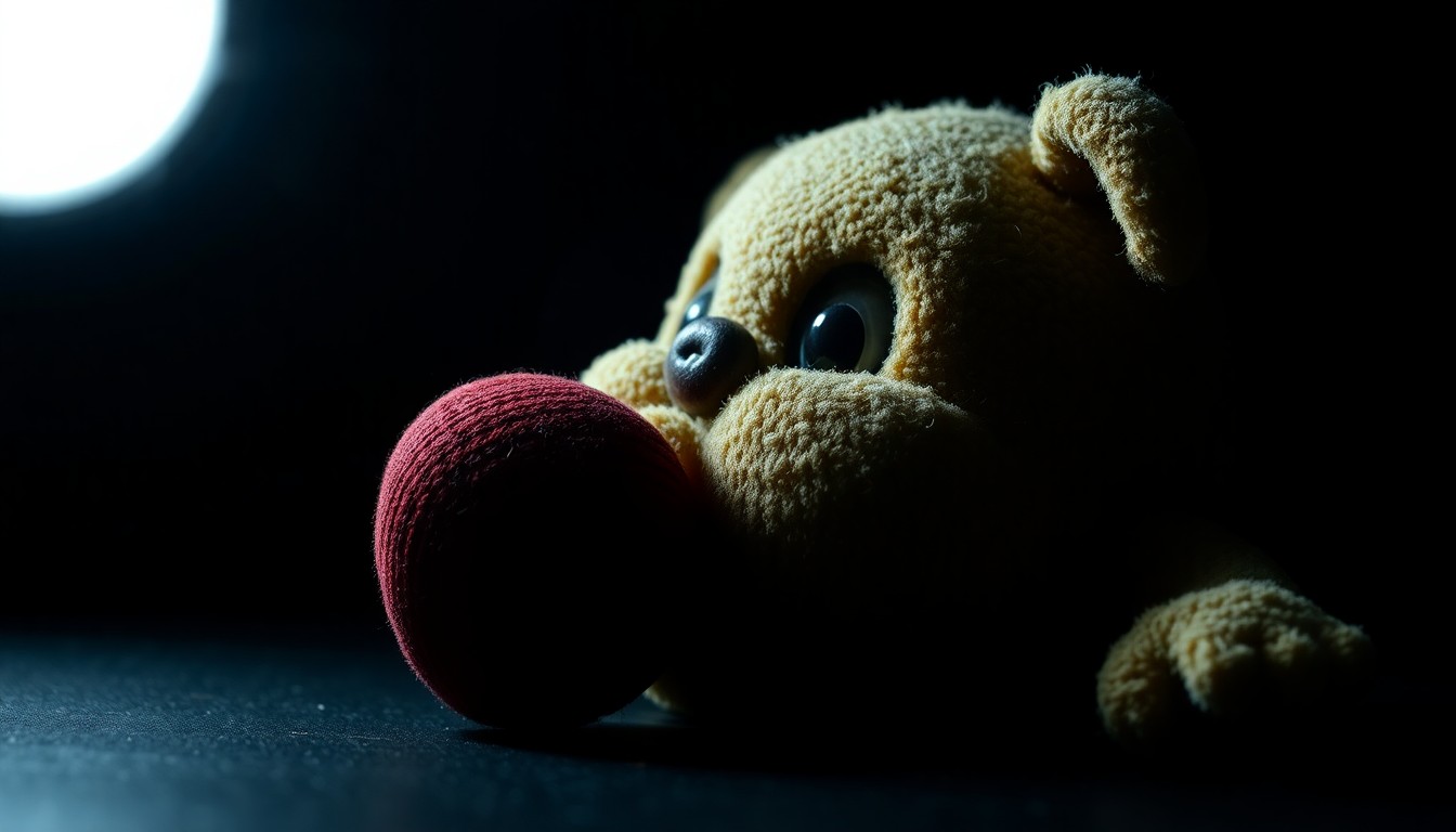 An extreme close-up photograph of a tattered, worn-out stuffed animal, its details and textures dramatically illuminated by a harsh, direct camera flash against a pitch-black background, conveying a sense of grit, sorrow, and the gravity of the situation.