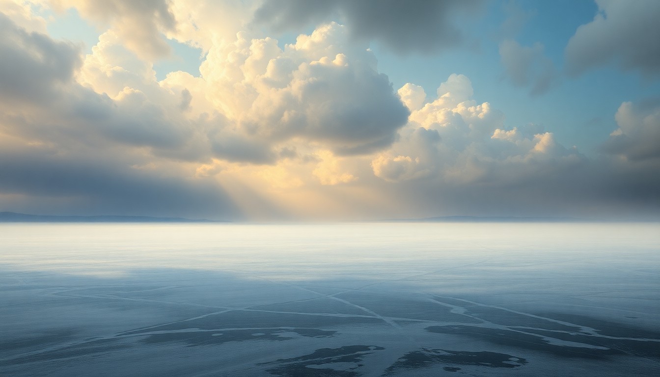 A vast, atmospheric landscape painting in muted tones of blue, gray, and white, depicting a frozen lake or river under a dramatic, cloudy sky. The scene conveys a sense of the overwhelming power and sublime beauty of nature, with the frozen water and atmospheric conditions dwarfing any small, obscured structures or objects in the distance.