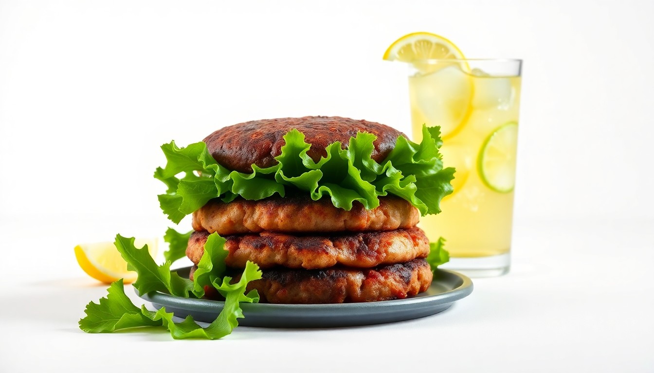 A high-quality studio photograph featuring a stack of juicy hamburger patties, crisp lettuce leaves, and a glass of lemonade arranged elegantly on a clean, white background, conveying the craftsmanship and care that goes into creating the perfect burger.