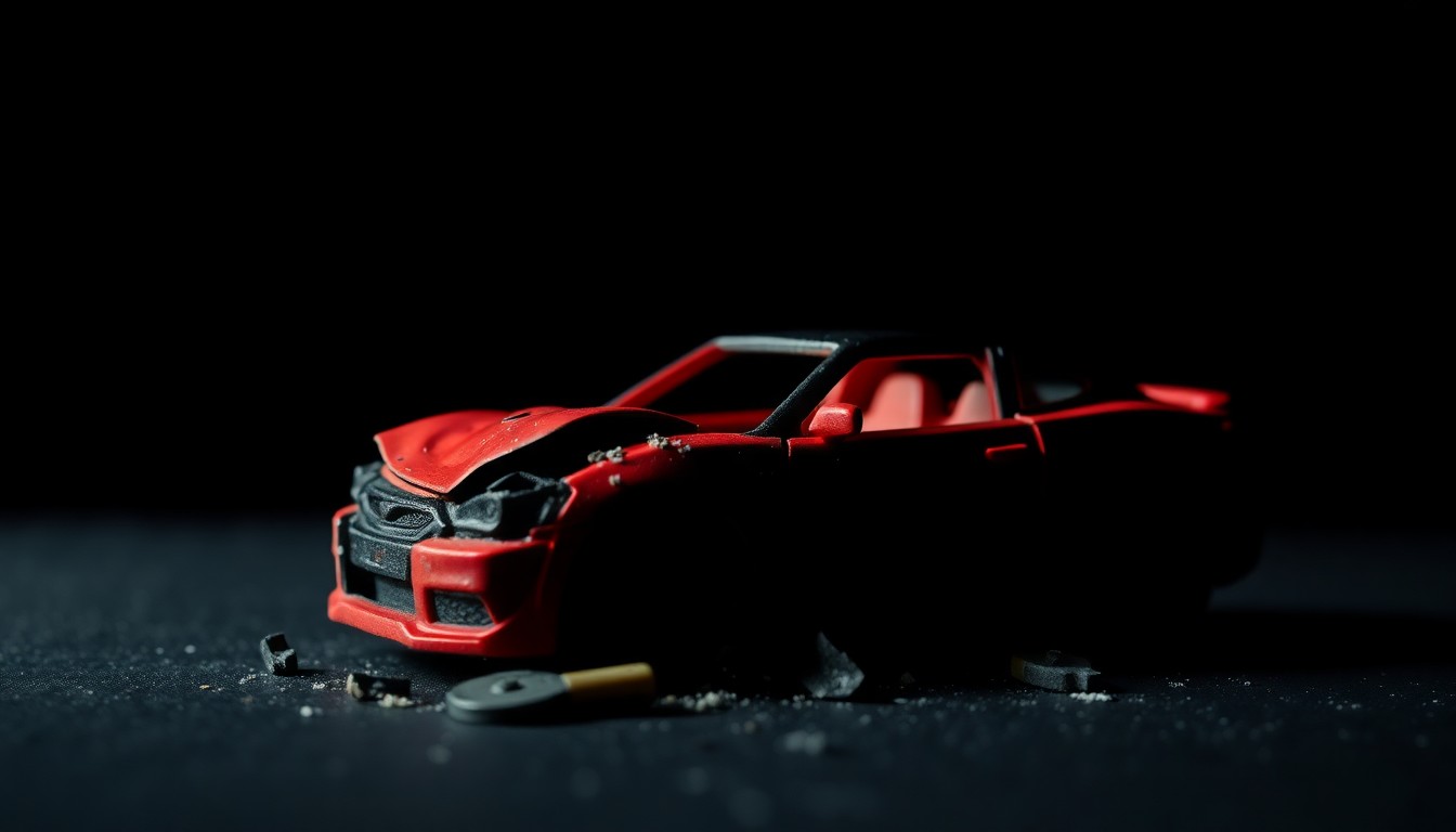 An extreme close-up of a crushed toy car against a dark background, conveying the sudden and devastating impact of a fatal accident.