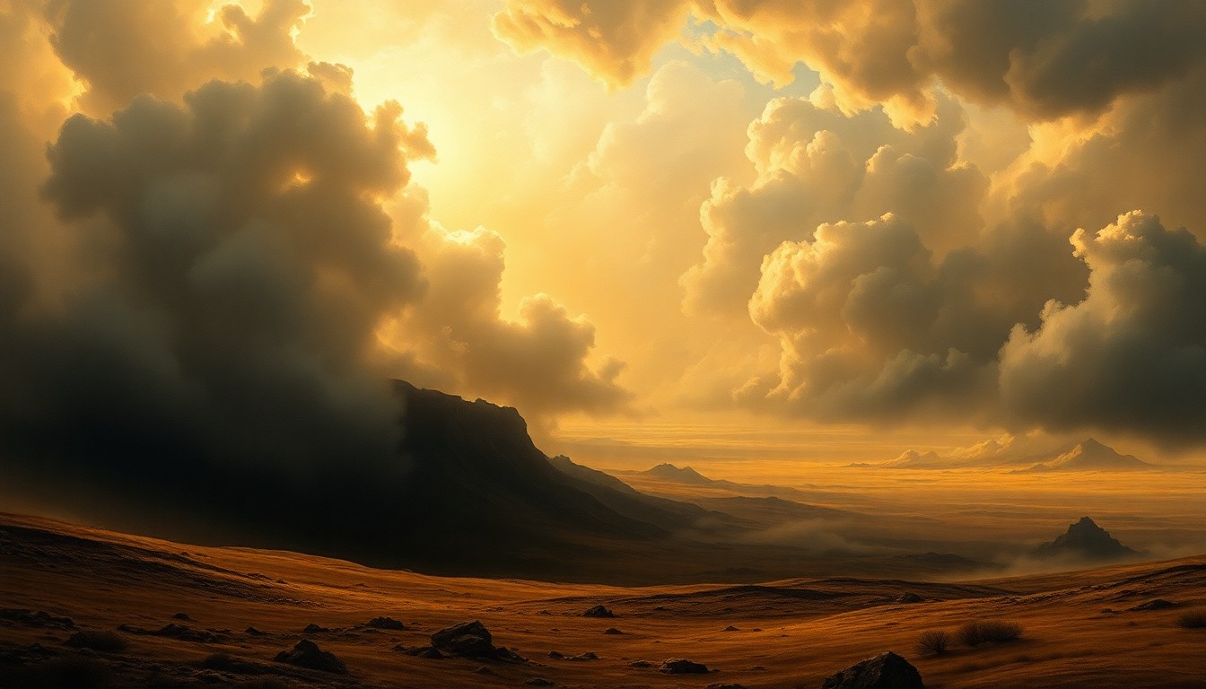 A sweeping, atmospheric landscape painting in muted tones of gray, blue, and green, with dramatic clouds and wind gusts dominating the scene and dwarfing any visible structures or objects, conveying the overwhelming scale and force of the impending weather event.