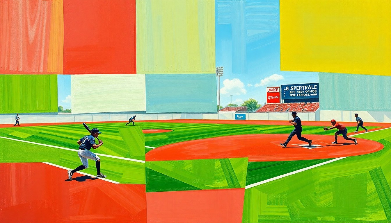 A cubist, geometric painting depicting the action of a high school baseball game, with overlapping planes of green, red, and player silhouettes, conveying the dynamic energy of the sport.