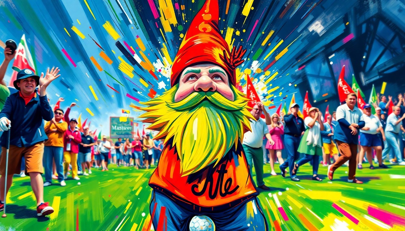 An abstract, energetic painting featuring bold, neon-colored brushstrokes that convey the excitement and rush of fans seeking to purchase the final edition of the Masters Tournament gnome collectible.