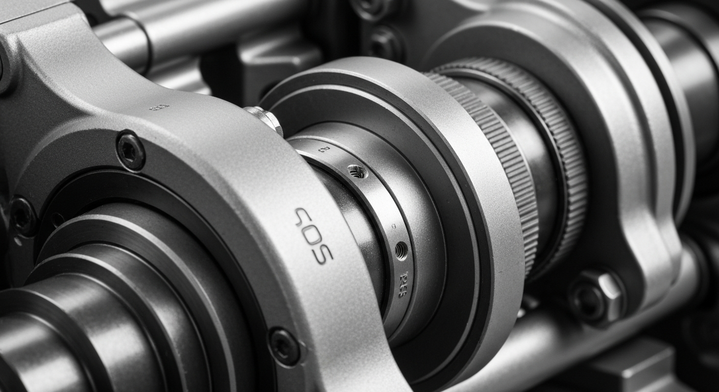 An extreme close-up of a complex array of gears, levers, and metal components, representing the intricate financial infrastructure that supports the global energy trade.
