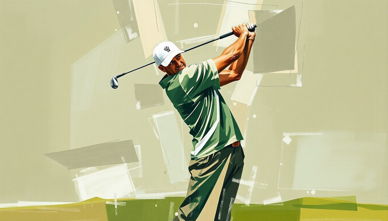 A fragmented, cubist-style painting depicting the motion and energy of a golfer's swing, rendered in muted earth tones with flashes of bright white, conveying the uncertainty and challenges surrounding Tiger Woods' recovery and potential return to the game.