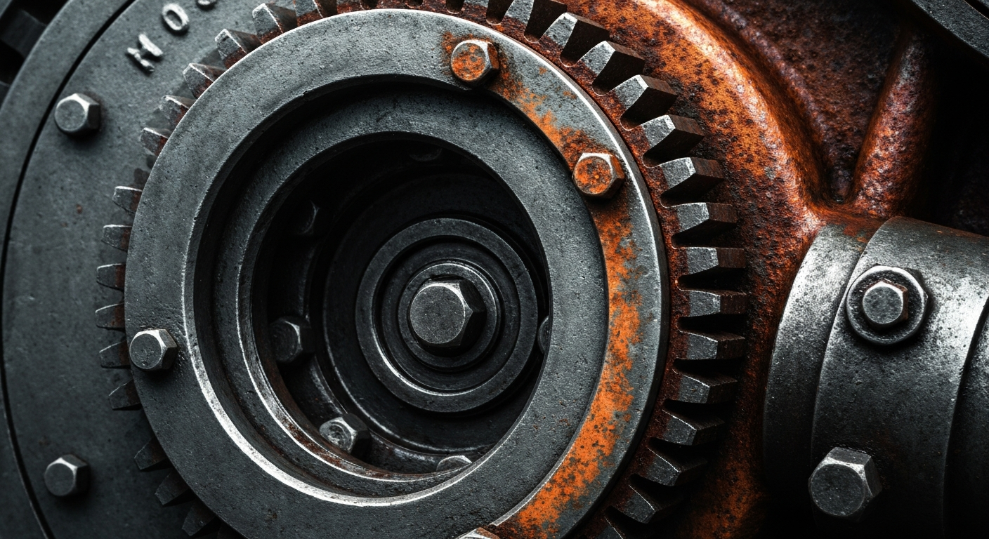 An extreme close-up of a heavily weathered, industrial gear mechanism or valve, conveying the complex, tangible infrastructure underlying the financial markets.