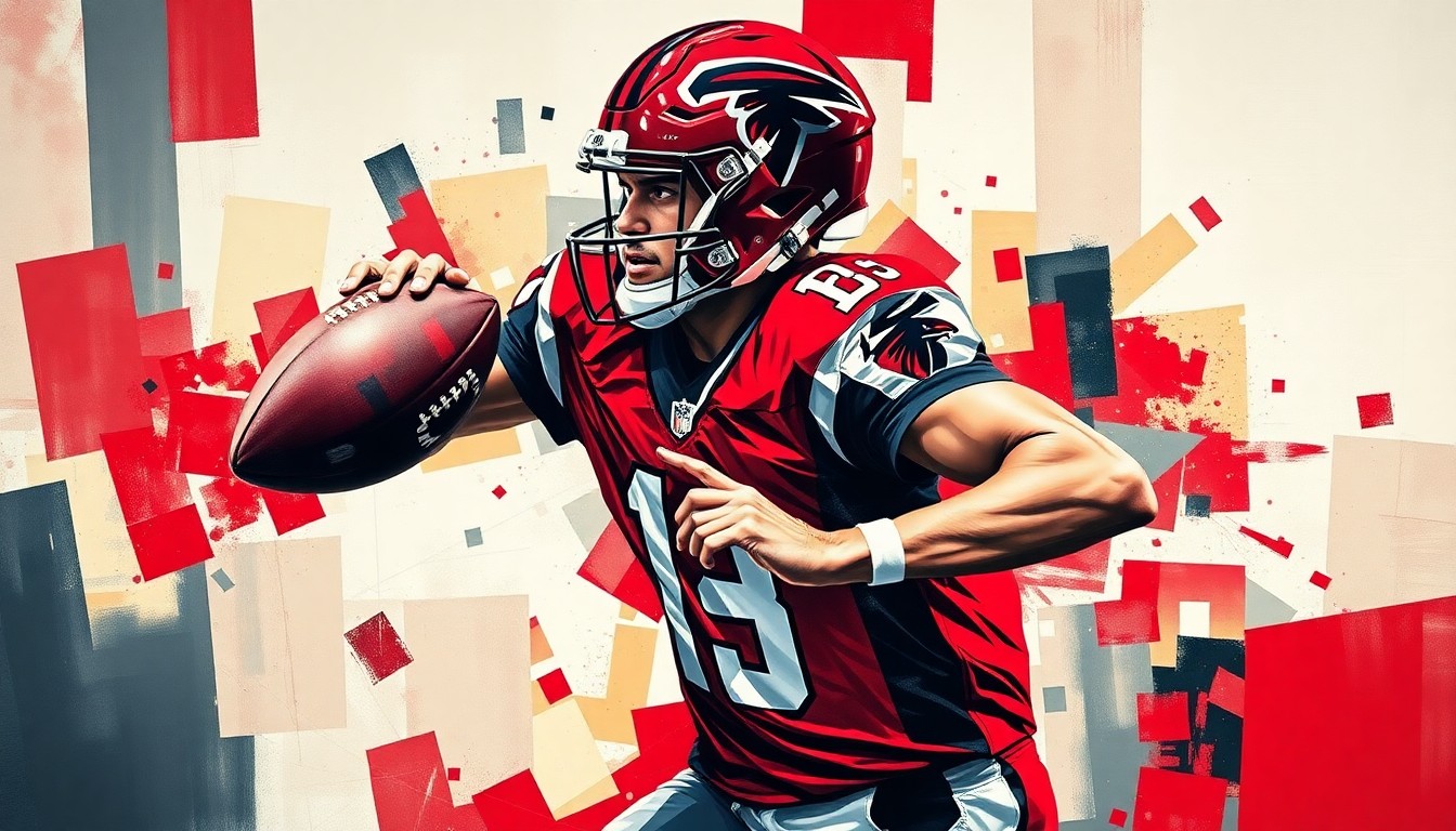 A fractured, cubist-style painting depicting the dynamic motion of a football quarterback, with sharp geometric planes in the Falcons' team colors of red, black, and white.