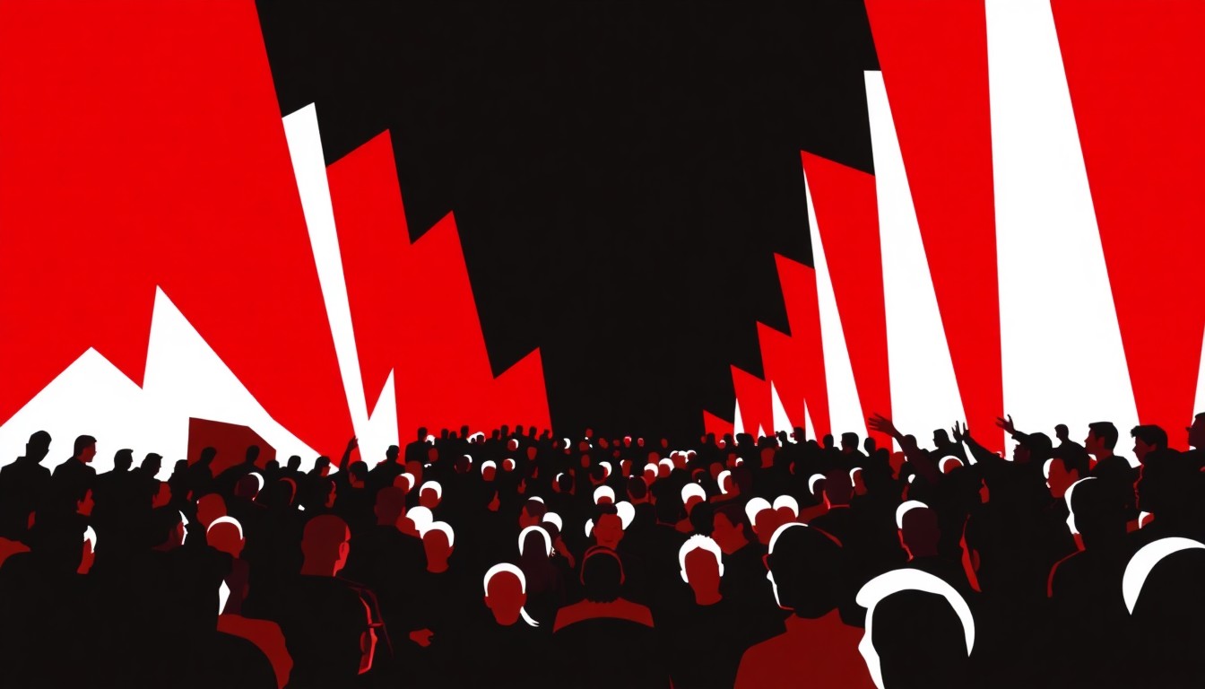 An abstract, minimalist illustration featuring bold, jagged shapes in red, white, and black, capturing the energy and excitement of a packed movie theater on a holiday weekend.