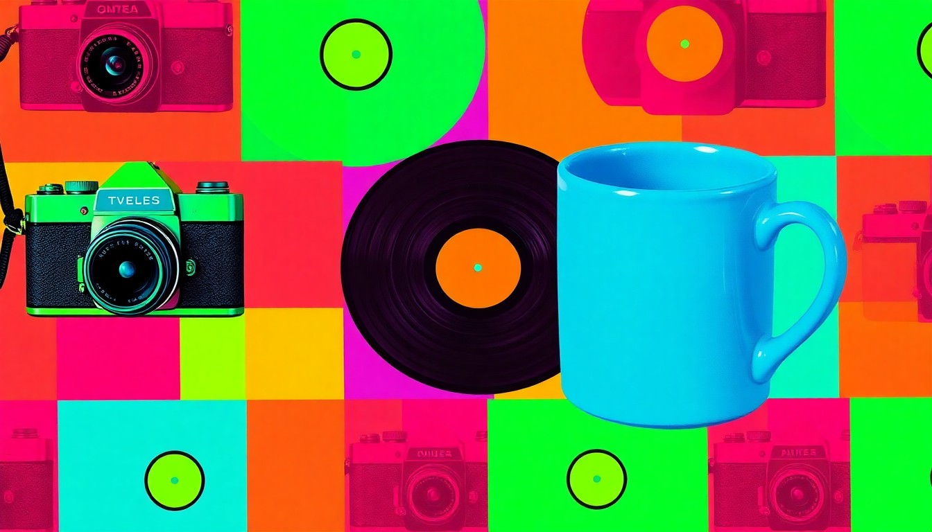 A brightly colored, high-contrast silkscreen print featuring a repeating grid of vintage camera, vinyl record, and handmade ceramic mug icons in vibrant neon hues, conceptually representing the diverse array of unique vintage and handmade products found at the monthly Traffic Jam market in downtown Atascadero.