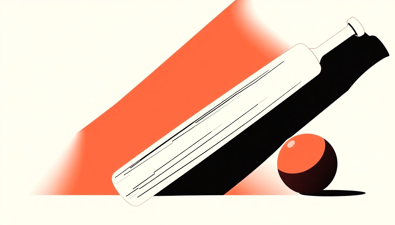 A minimalist, abstract illustration featuring bold, jagged shapes in contrasting colors representing a cricket bat and ball, conveying the concept of an innovative sports-focused entertainment venue.