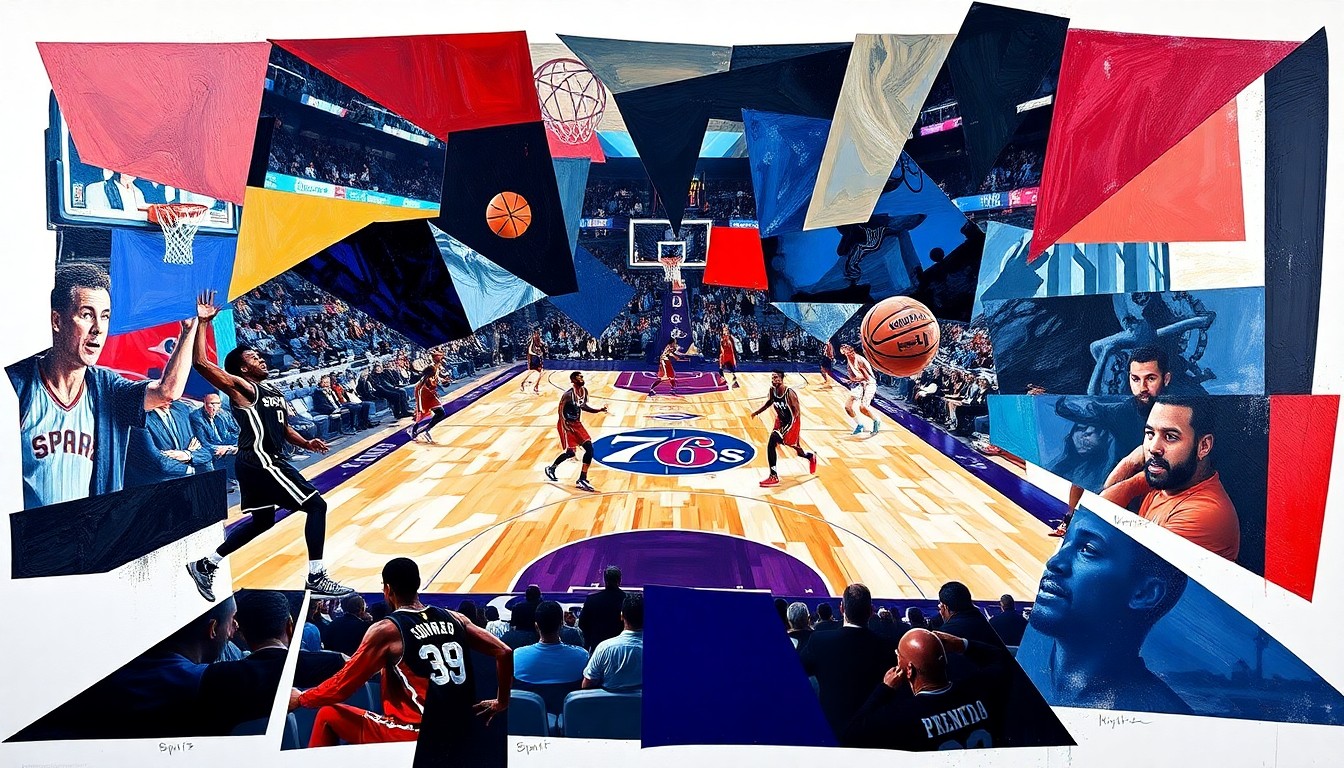 A fractured, geometric painting depicting a basketball game, with players' bodies and the court broken down into sharp, overlapping planes of color, capturing the intensity and physicality of the sport.