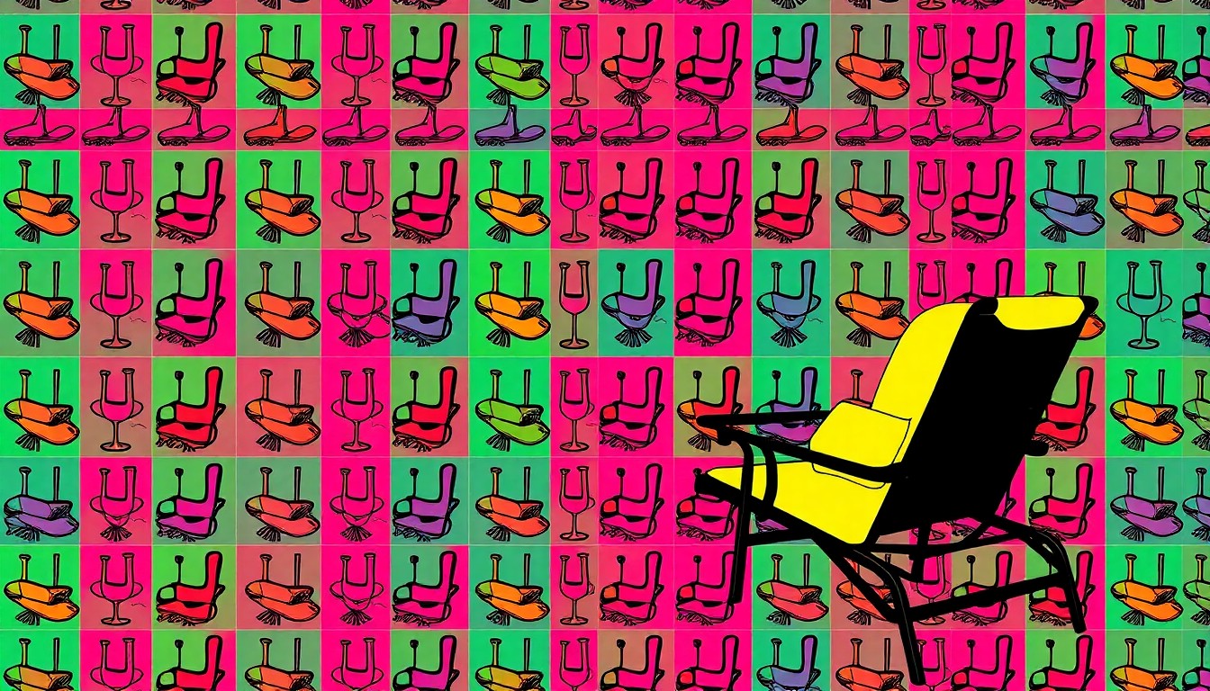 A high-contrast silkscreen print of a single, iconic luxury home item such as a wine glass or outdoor lounge chair, repeated in a vibrant grid pattern to create a modern pop art interpretation of the home's refined aesthetic.