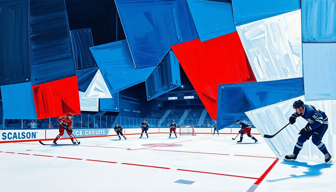 A fractured, cubist-style painting depicting the chaotic energy and overlapping perspectives of a hockey game, with sharp geometric shapes in vibrant blues, reds, and metallic tones.