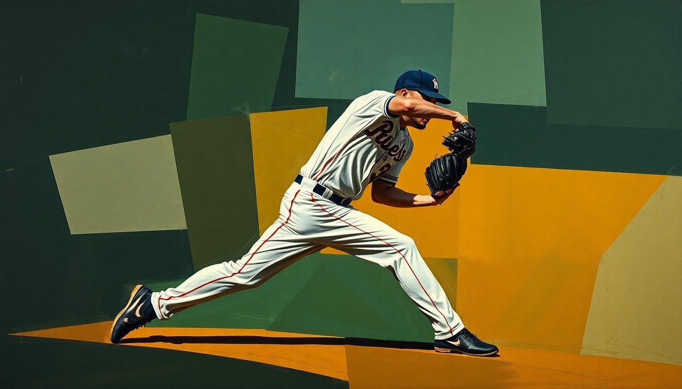 A cubist, geometric painting depicting a baseball pitcher's motion broken down into overlapping planes of navy, forest green, and ochre, conceptually representing the fragmented nature of the Blue Jays' pitching staff due to injuries.