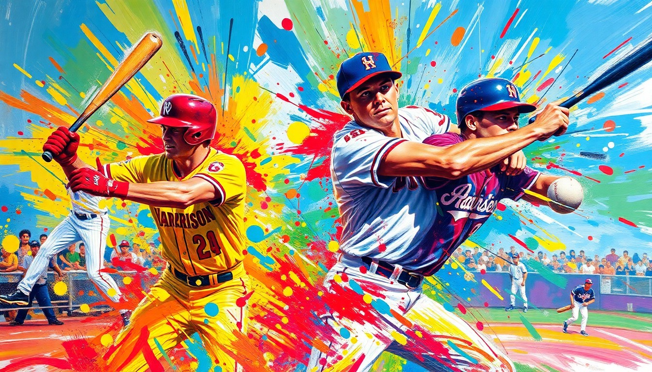 An abstract, expressionist painting featuring vibrant brushstrokes of neon colors that capture the dynamic movements and energy of a high school baseball game, with players and details dissolving into unrecognizable shapes and splatters.