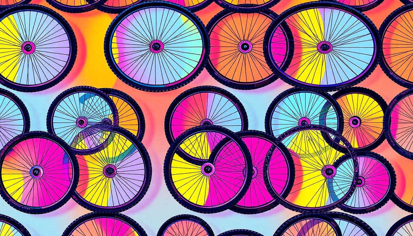 A bold, colorful silkscreen-style illustration featuring a repeating pattern of a mountain bike wheel in neon shades of green, pink, and blue, conceptually representing the vibrant energy and popularity of outdoor activities in the city of Annapolis.