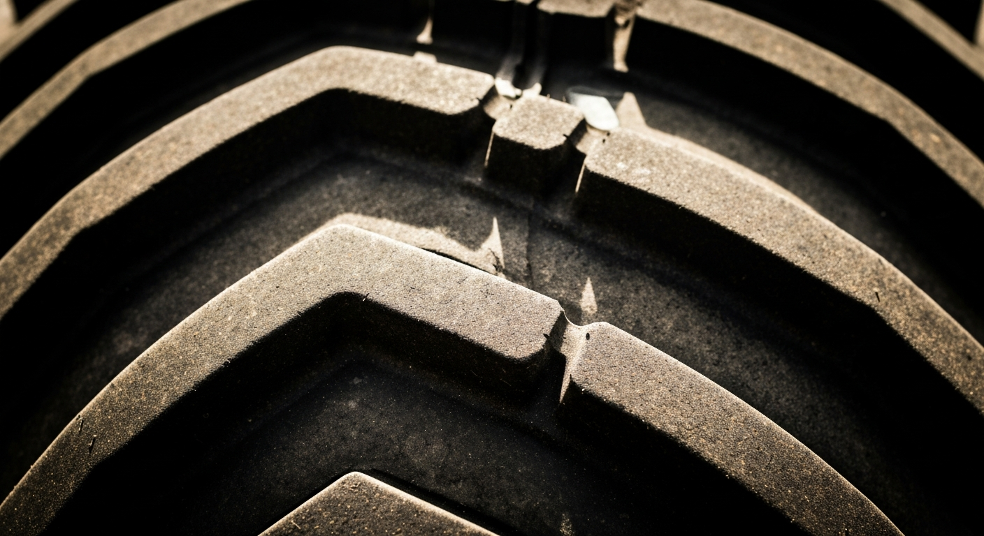 An extreme close-up photograph of a tractor tire tread, capturing the detailed, pebbled texture and patterns in dramatic lighting, conceptually representing the advanced precision equipment used in modern agriculture.