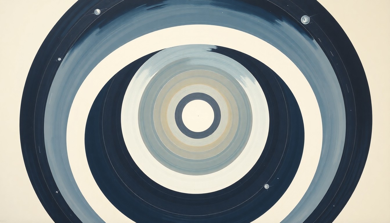 A bold, abstract painting featuring sweeping geometric arcs, concentric circles, and intersecting waveforms in soft, flat colors against a clean background, conceptually representing the complex systems and forces involved in the recovery of the Artemis II spacecraft.