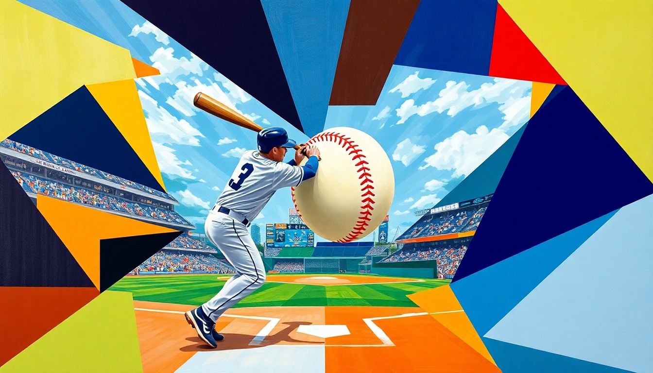 A cubist-style painting featuring overlapping geometric shapes and planes in vibrant colors, representing the motion and energy of a baseball game, with the focal point being the moment of a home run being hit.
