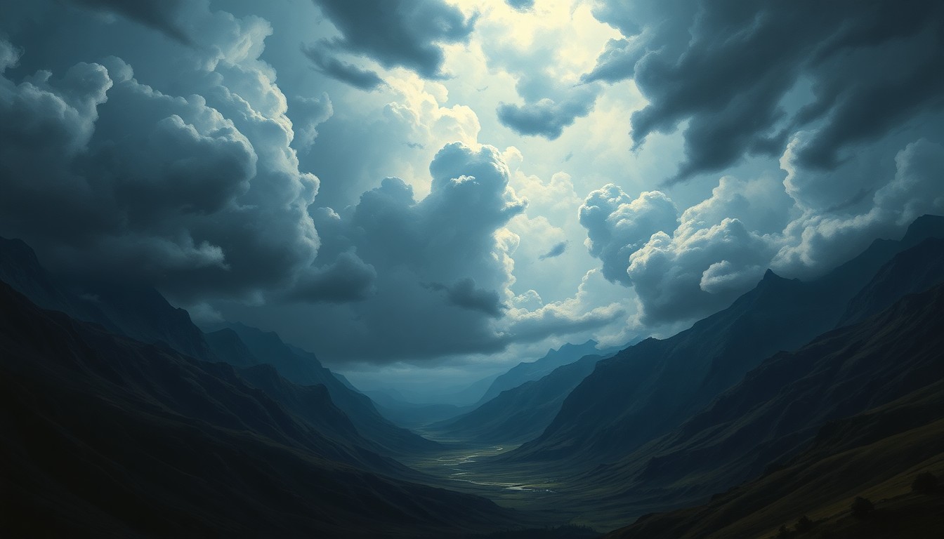 A vast, atmospheric landscape painting depicting a stormy, turbulent sky over the rugged coastal mountains of the Central Coast, with only faint silhouettes of structures hinting at the human presence below the towering natural forces.