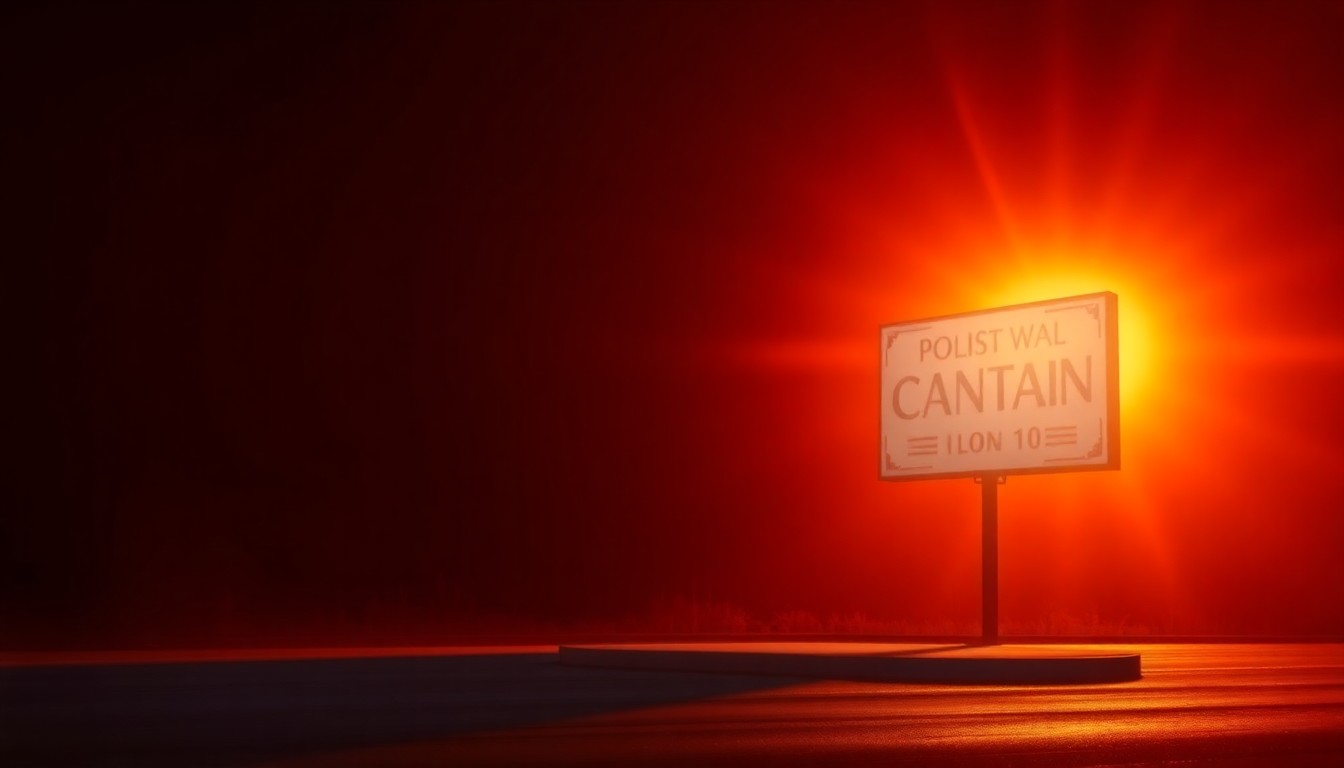 A photorealistic painting in the style of Edward Hopper, depicting a solitary political campaign sign or billboard set against a dimly lit urban backdrop, with warm sunlight casting dramatic shadows across the scene.