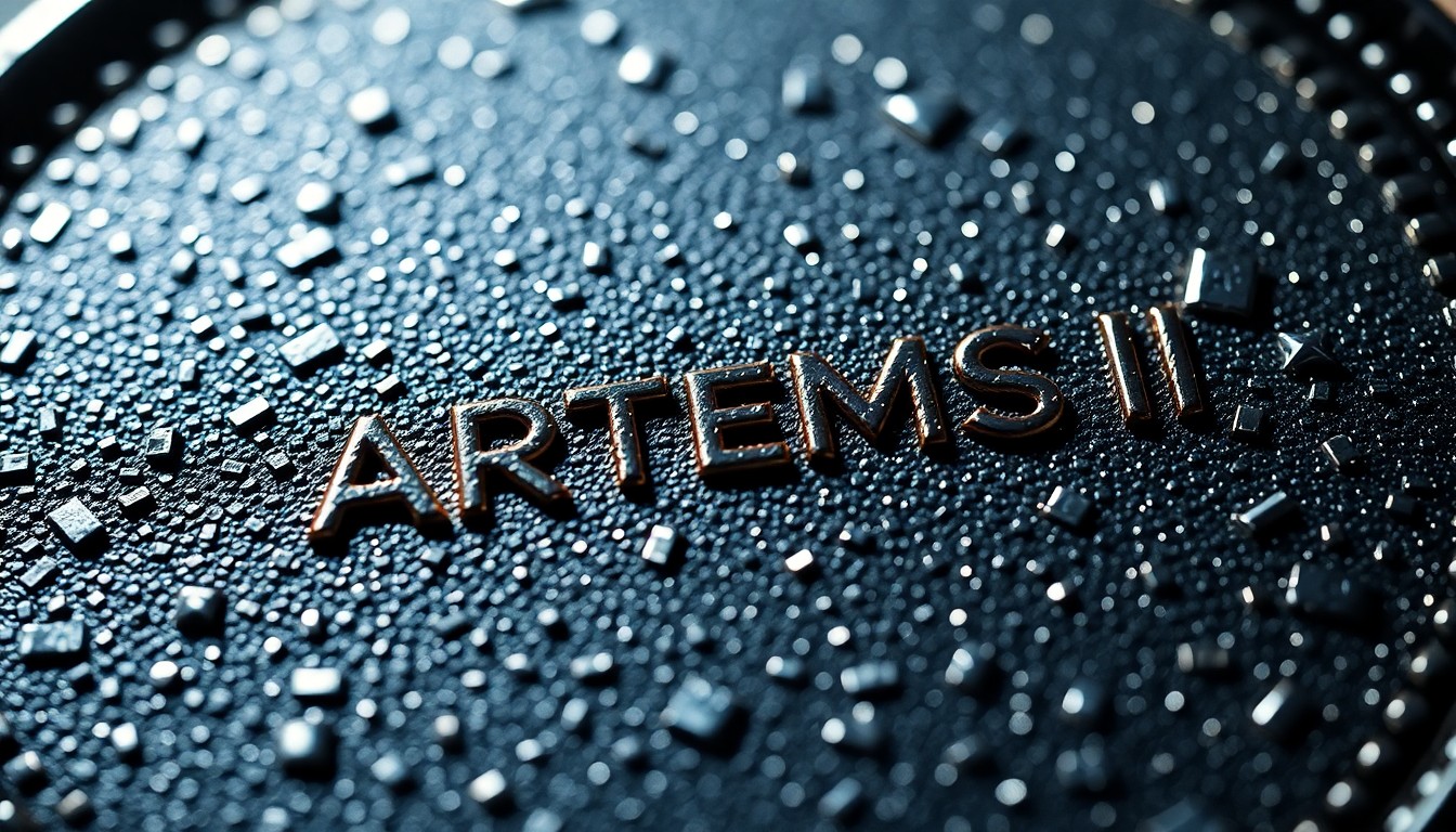 An extreme close-up photograph of the highly detailed, metallic and reflective surface of the Artemis II mission patch, captured in dramatic, high-contrast studio lighting to create a glamorous, high-fashion aesthetic.