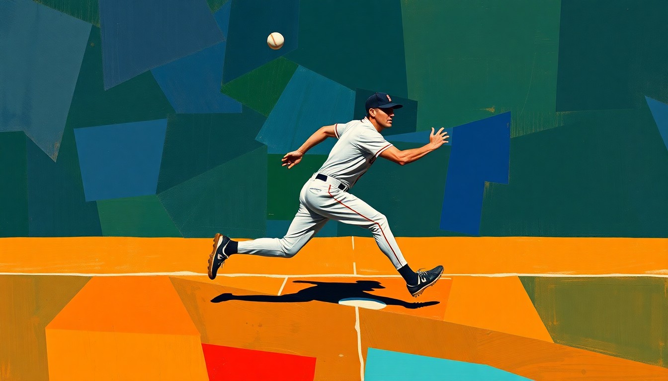 A fragmented, cubist-style painting depicting a baseball player in motion, with their body and the field of play broken down into sharp, angular geometric shapes in a palette of navy, green, and orange, conveying the dynamic energy and disruption caused by Hays' injury.
