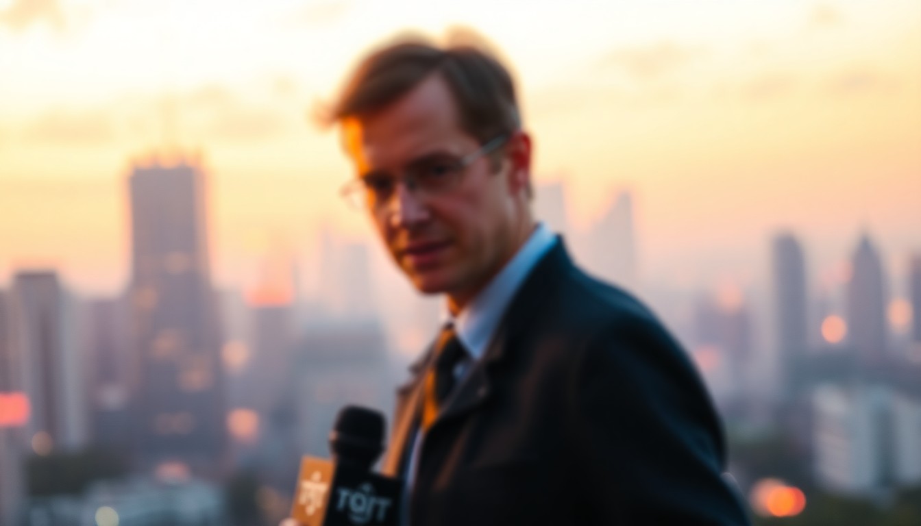 An abstract, impressionistic photograph of a reporter holding a microphone, standing in front of a blurred city skyline, with warm pools of soft light and color creating a dreamlike, atmospheric scene.