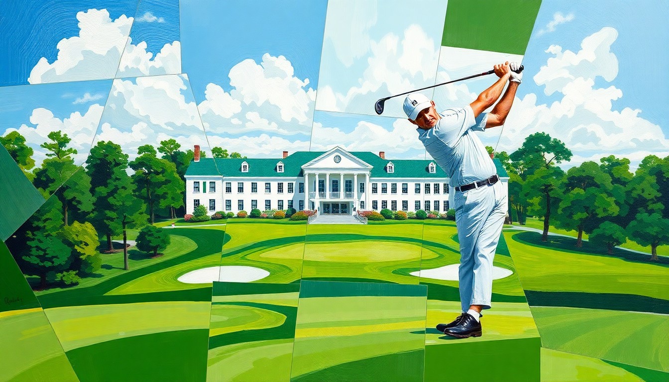 A cubist, geometric painting depicting a fractured, multi-perspective view of a golfer's swing and the iconic Augusta National clubhouse, rendered in vibrant shades of green, white, and blue.