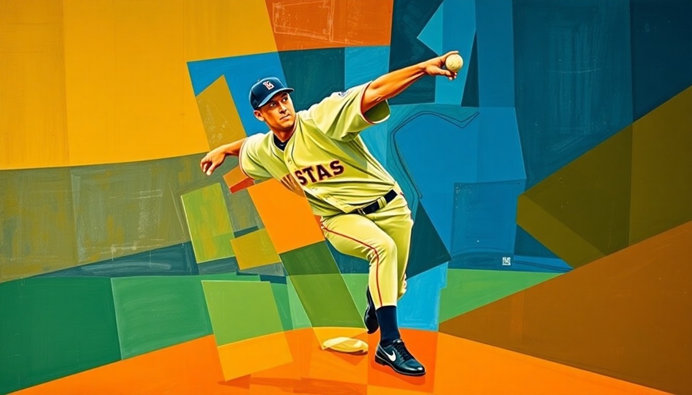 A fragmented, cubist-style painting depicting a baseball pitcher's motion broken down into sharp, overlapping geometric shapes in a vibrant color palette, conveying the dynamic energy and skill of an independent league player's path to the minors.