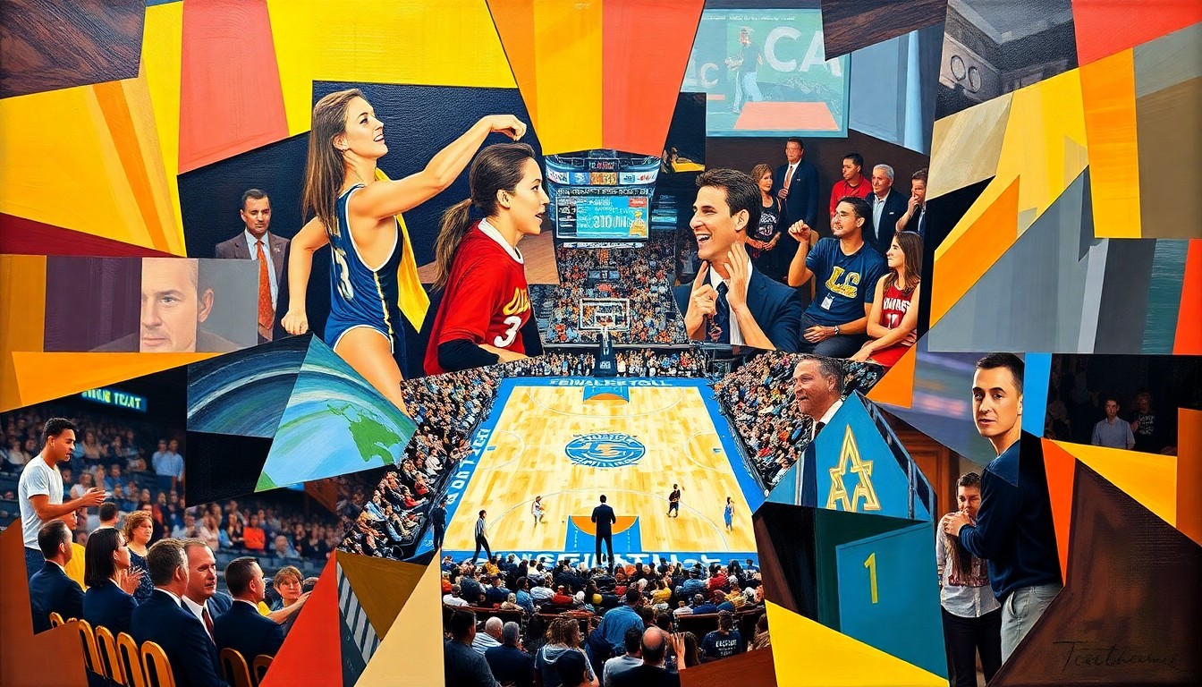 A cubist, geometric painting depicting the NCAA Final Four basketball game and the reunion between two former high school classmates, Lauren Betts and Oliver Fell, in a vibrant, fragmented style.