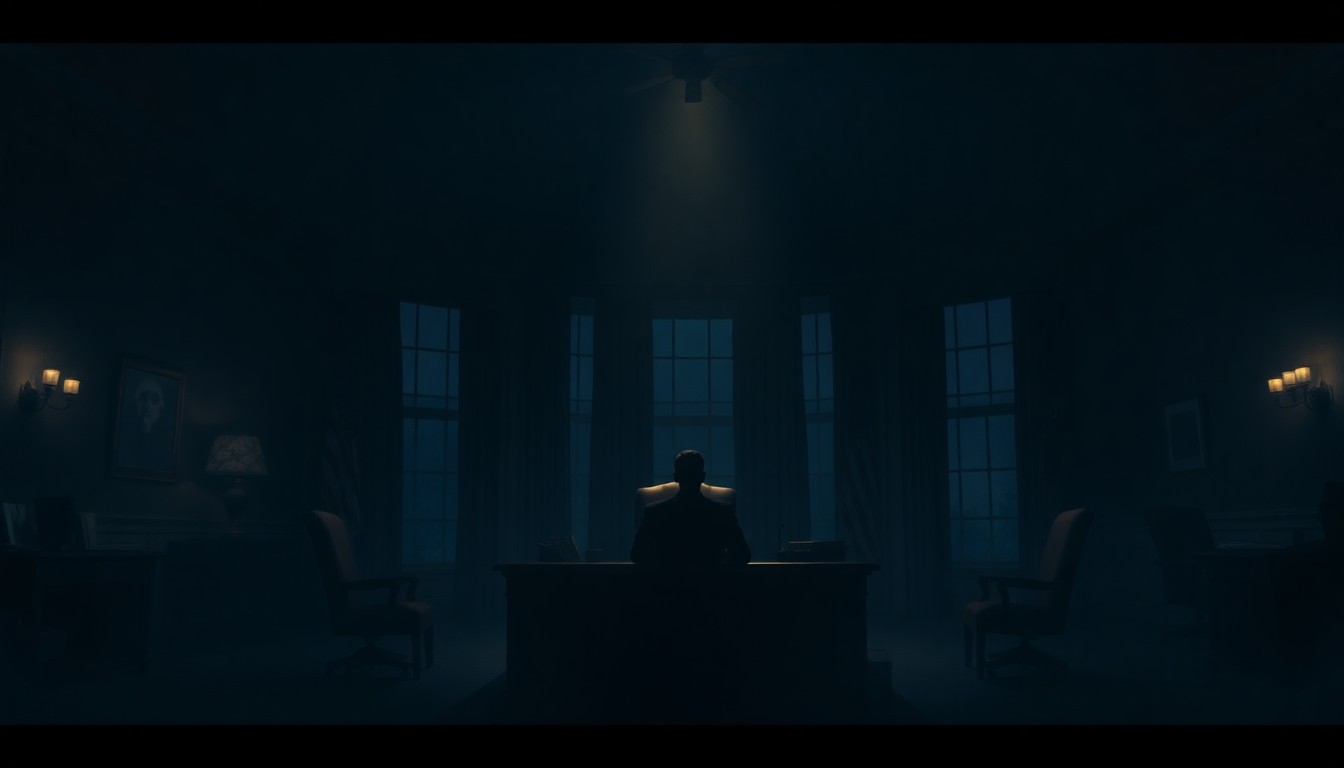 A dimly lit, cinematic painting of the Oval Office at night, with a lone figure silhouetted at the desk, conveying a sense of quiet, focused leadership during a crisis.