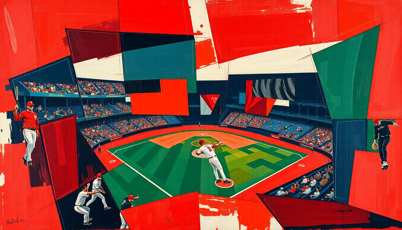 A cubist, geometric painting depicting the fractured, multi-perspective action of a baseball game, with sharp planes of deep red, navy blue, and forest green representing the intensity and urgency of the team's situation.