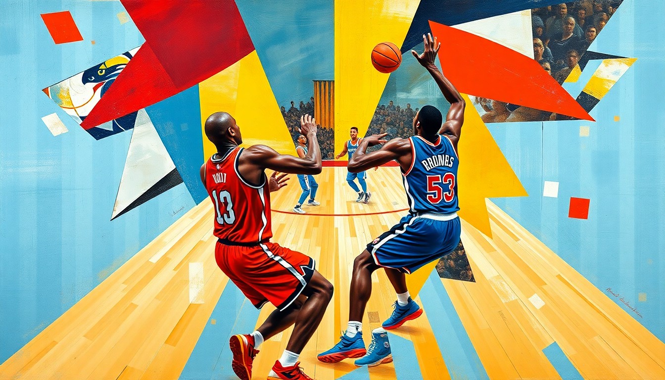 A cubist, geometric painting depicting the intense action of a basketball game, with the players' forms fragmented into sharp, overlapping shapes that convey the competitive energy of the matchup.