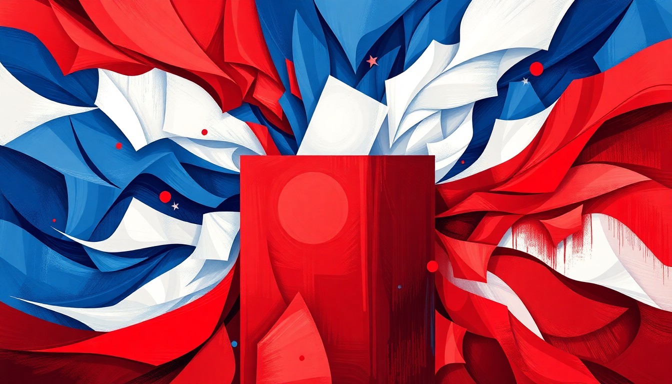 A vibrant, fractured painting of a voting booth or ballot box in overlapping geometric shapes and waves of red, white, and blue, capturing the high-stakes and divisive nature of the political contest.