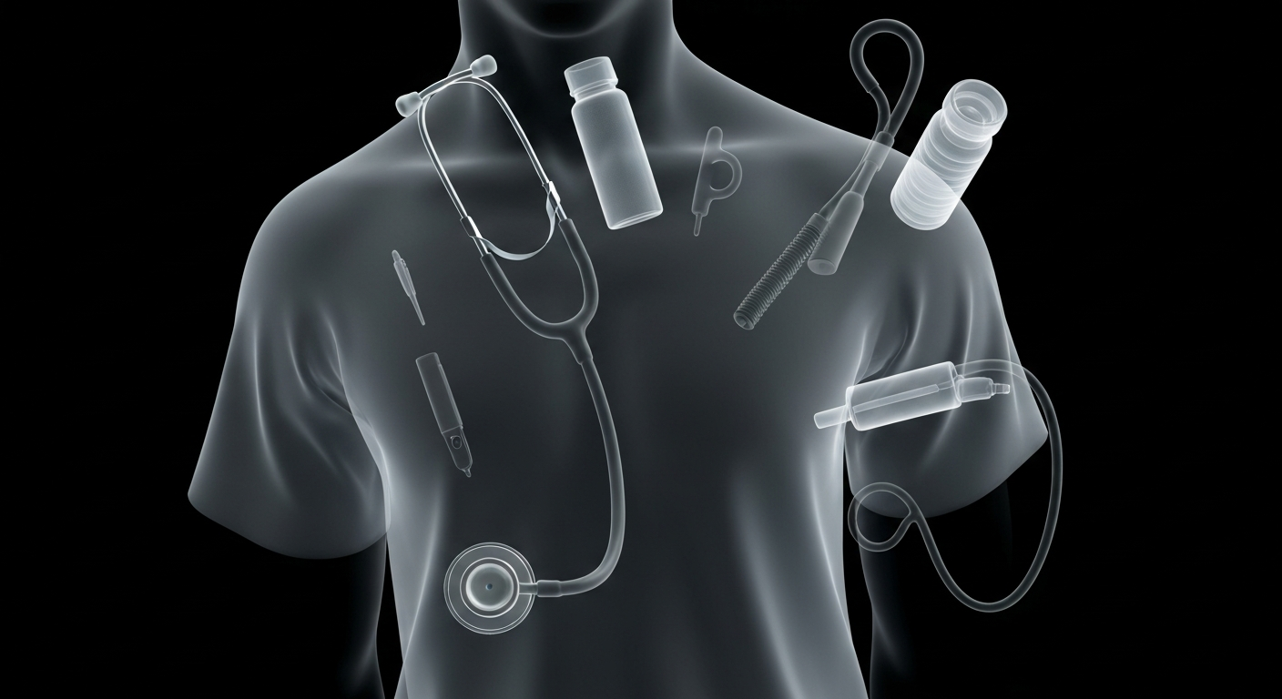 A translucent, X-ray style image revealing the internal structure of medical instruments like a stethoscope, conceptually representing the inner workings of the healthcare system.