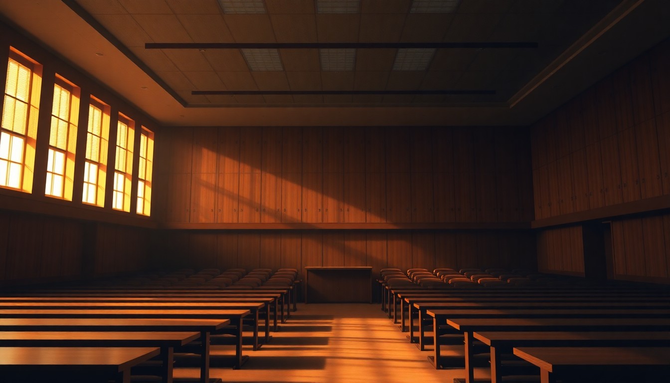 A dimly lit, cinematic university lecture hall with empty desks and chairs, the warm sunlight streaming in through the windows and casting long shadows across the floor, conceptually representing the removal of an academic position tied to a hostile foreign regime.