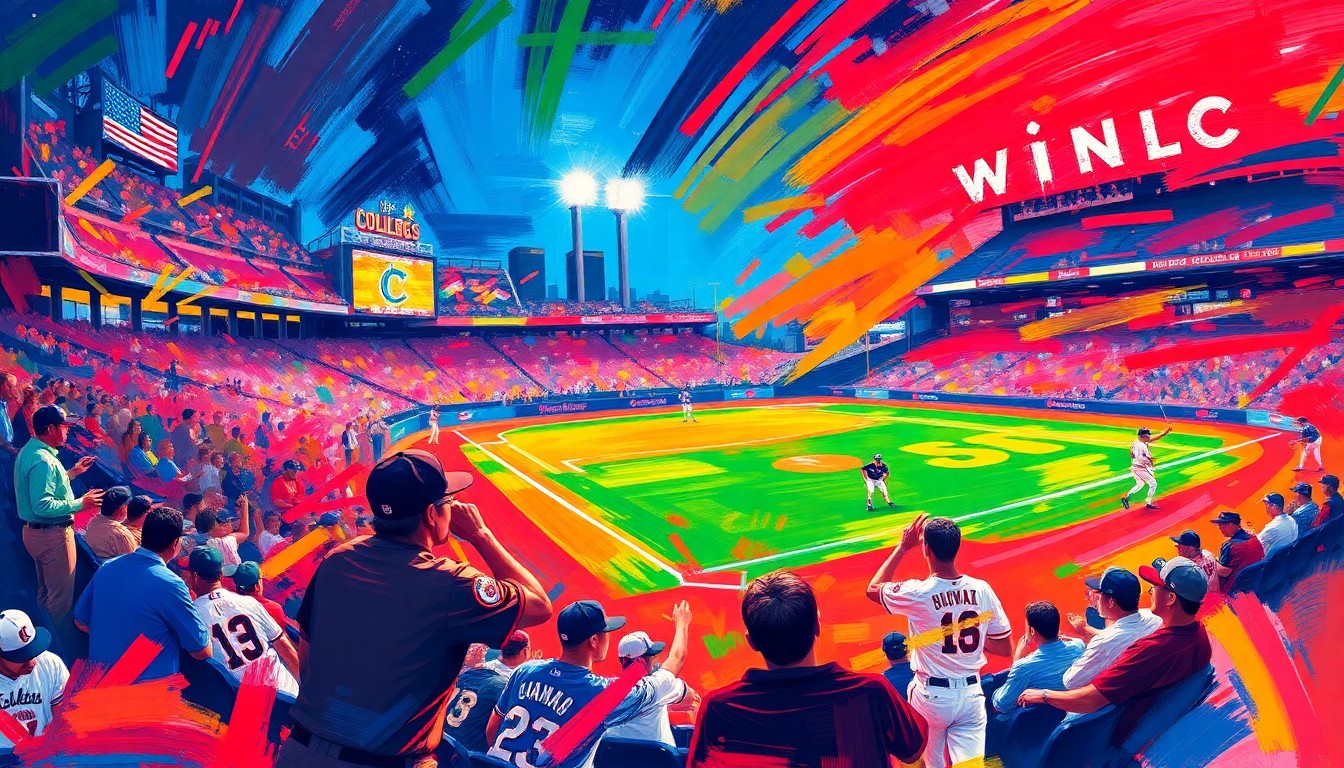An abstract painting featuring bold, neon-colored brushstrokes that convey the raw athletic energy and intensity of a college baseball game.