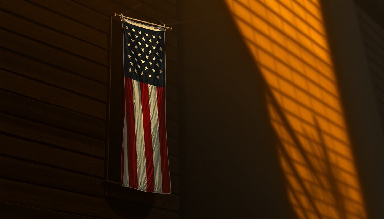 An old, weathered American flag hanging on the side of a wooden building, the warm sunlight casting deep shadows across the scene, capturing a sense of nostalgia and the passage of time.