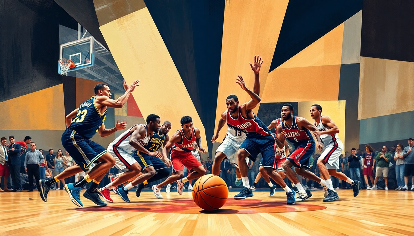 A fractured, cubist-style painting depicting the intense action of an NBA overtime game, with players, the basketball, and the court rendered in sharp, overlapping geometric shapes and planes of color.