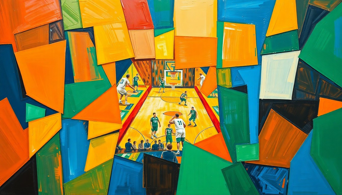 A cubist, geometric painting depicting a fragmented basketball court and players, using bold colors and angular shapes to capture the dynamic energy of the sport.