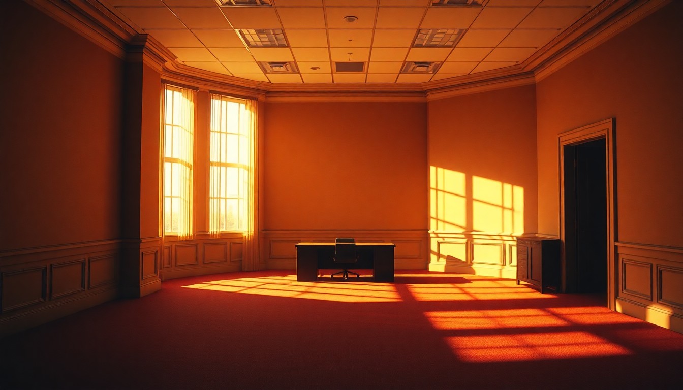 A dimly lit, cinematic government office space with warm, diagonal sunlight streaming through the windows, creating a sense of political tension and unease.