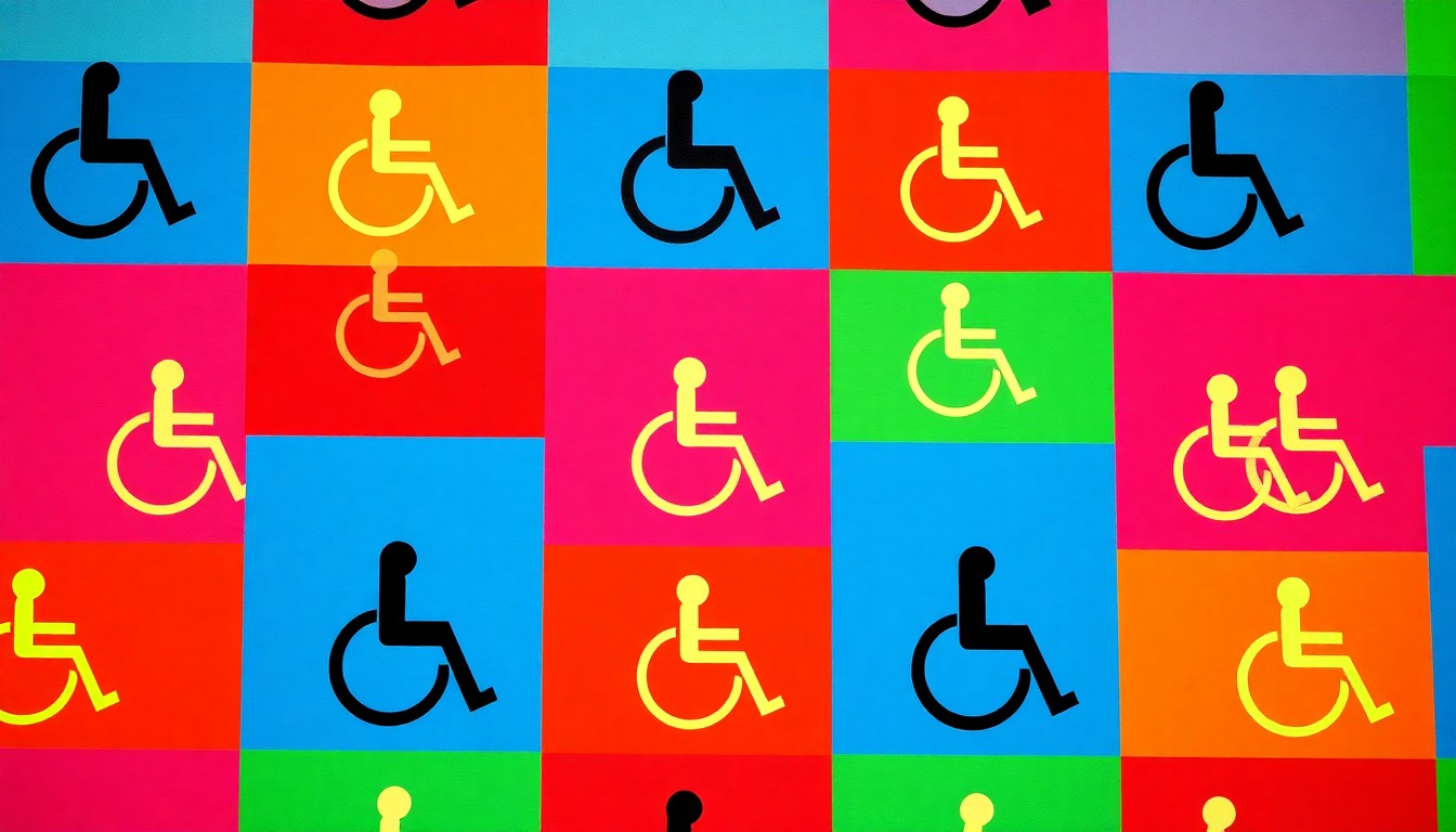 A bold, colorful silkscreen-style illustration featuring a wheelchair icon repeated in a grid, conceptually representing the accessibility challenges faced by people with disabilities at heritage sites.